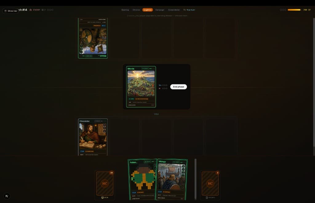 HistoryCodex match in progress — battle mat with location cards, units on the field, and your hand at the bottom